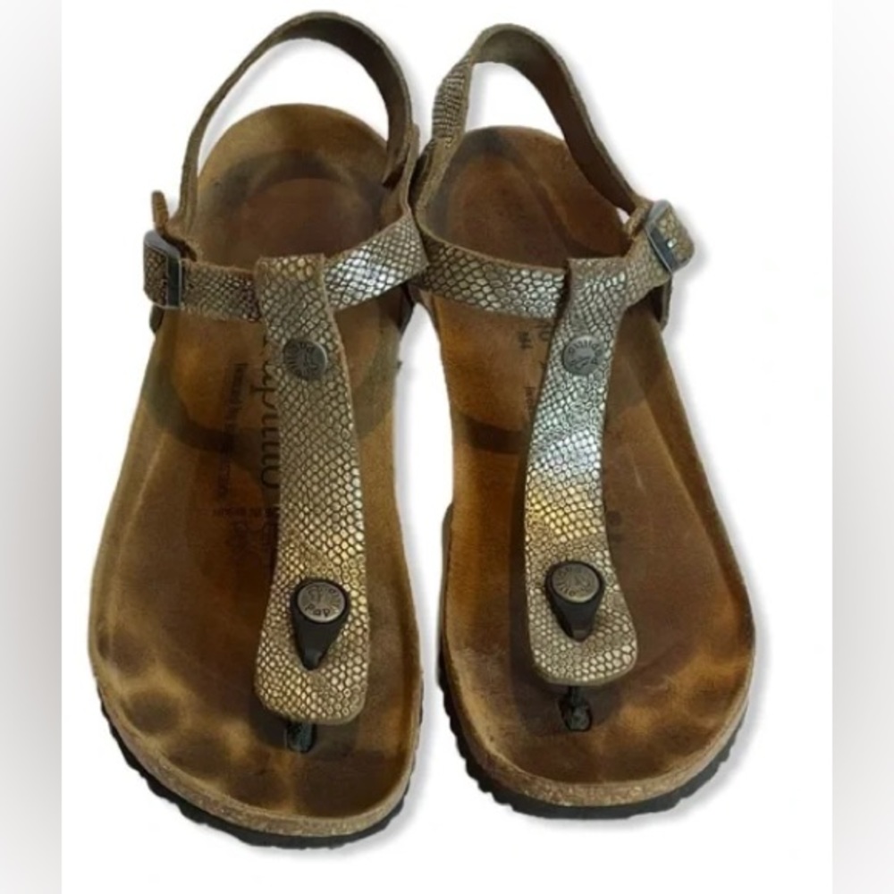 Papillon by Birkenstock T-strap Ashley Wedge Sandals Metallic
